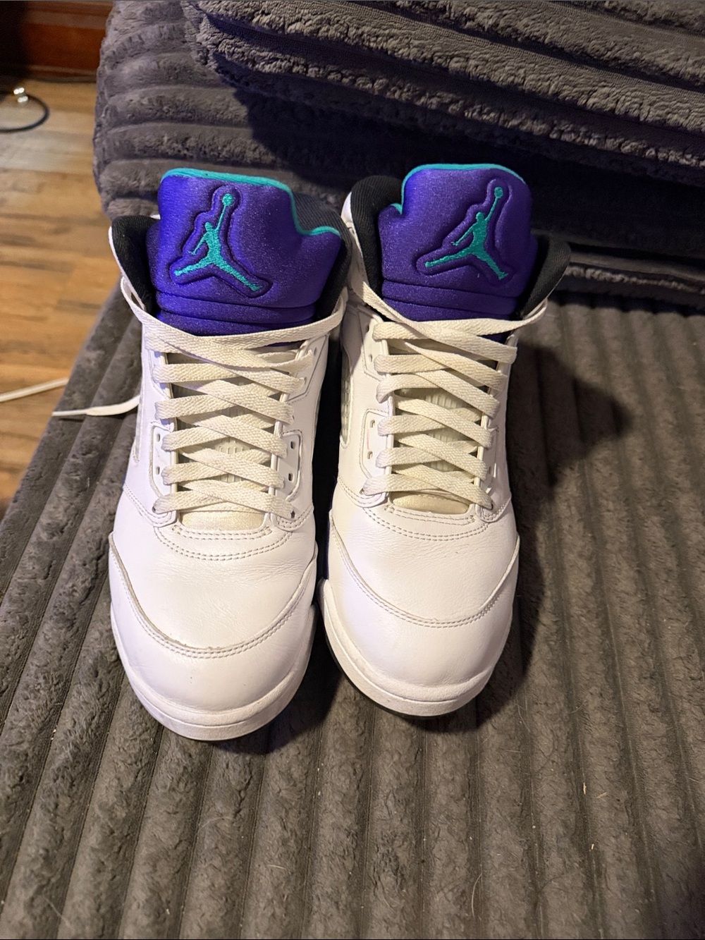 Jordan White Leather Sneakers with Purple & Teal Tongue